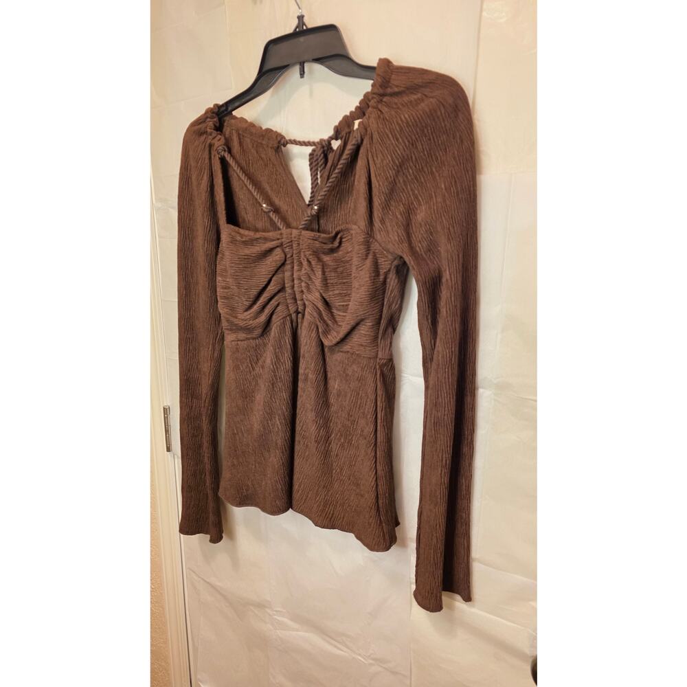 NwT Moon River Chocolate Ruche Long Sleeve Boho Peplum Textured Top XS - Picture 3 of 12